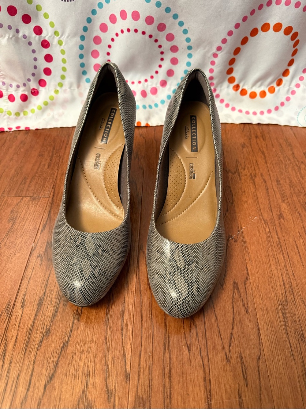 Clarks Gray Snake-Print Round-Toe Heels